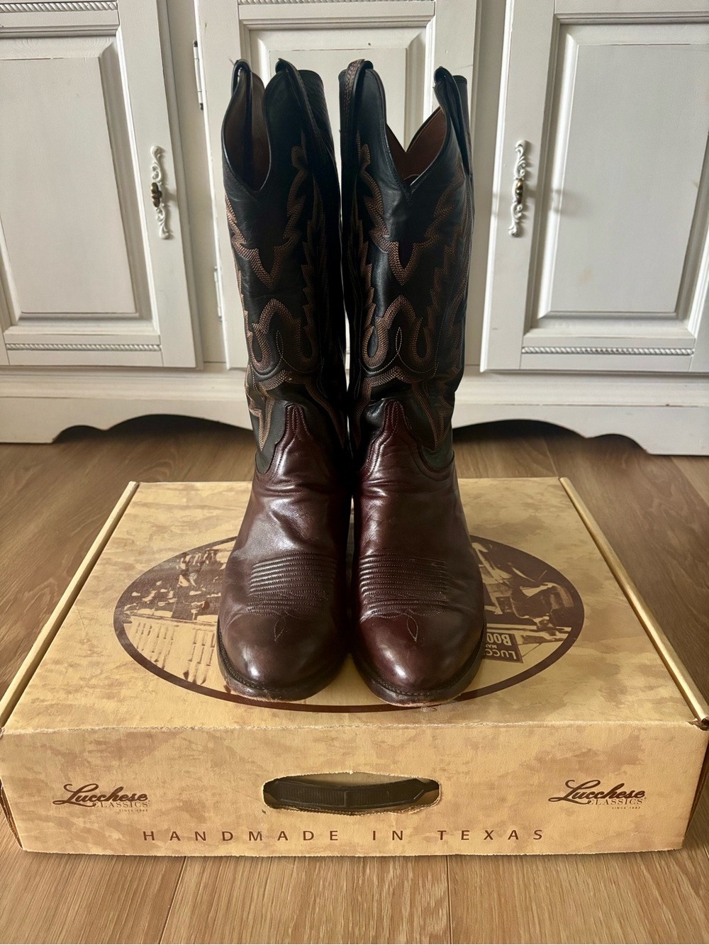 Lucchese Brown Leather Cowboy Boots with Black Embroidered Shaft